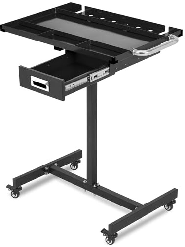 Rolling Tool Tray with Wheels, Adjustable Height Mobile Work Table, 300Lbs Capacity Mechanic Workbench, Mobile Rolling Tool Table with Drawers for Garage Workplace, 29×20×34In Black