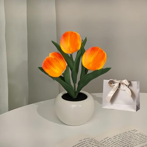 Knubbuf LED-Tulpen-Nachtlicht-Blumen-Tischlampe, Artificial Tulip Table Lamp, Tulpenlampe LED, Künstliche Blumen Deko-Leuchte Aus Keramik & PU, Romantische Geschenkidee (Orange, USB-Anschluss)