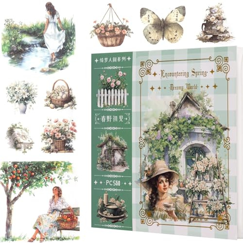 Bullet Journal Aufkleber Set für Erwachsene, 50 Blatt Stickerbuch mit über 400 Motiven, Blumen, Natur und Schmetterlingsmotiven, Vintage Cottagecore Aufkleber für Scrapbooking und Junk Journal