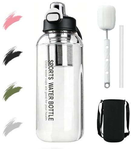 Borraccia in vetro da 1,5 litri, con cannuccia e colino per tè, grande bottiglia in vetro borosilicato, a prova di perdite, riutilizzabile, per sport, ufficio, scuola, fitness e campeggio (nero, 1000