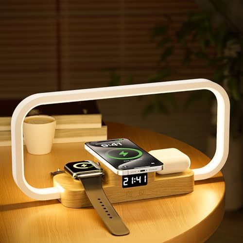 CRLL Nachttischlampe mit ladefunktion, LED Tischlampe mit 5 Farben, Dimmbare Tischlampe mit Touch-Steuerung, Nachtlicht Wireless Charger für Schlafzimmer Wohnzimmer Büro, Weiß