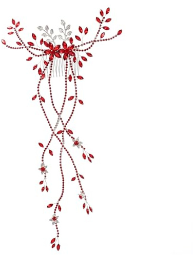 Bridal Headpiece for Wedding, Rhinestone Hair Vine Comb with Leaf & Tassel, Alloy Vine Bridal Wedding Hair Accessories for Bridesmaids, Party Prom, Red