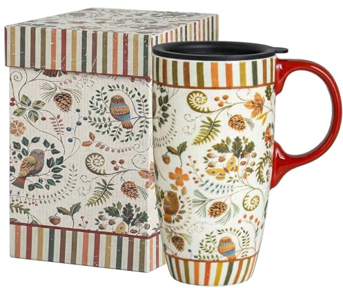 Topadorn Ceramic Travel Mug with Lid, 17oz Coffee Cup with Handle, Unique Gift for Women and Men, Microwave & Dishwasher Safe, Floral