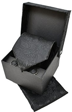 Sweet Leaf Coffret Ensemble Cravate Homme, Mouchoir de Poche, Boutons de Manchette Motif Cachemire/Paisley Noir - 100% en Soie - Classique, Elégant et Moderne -