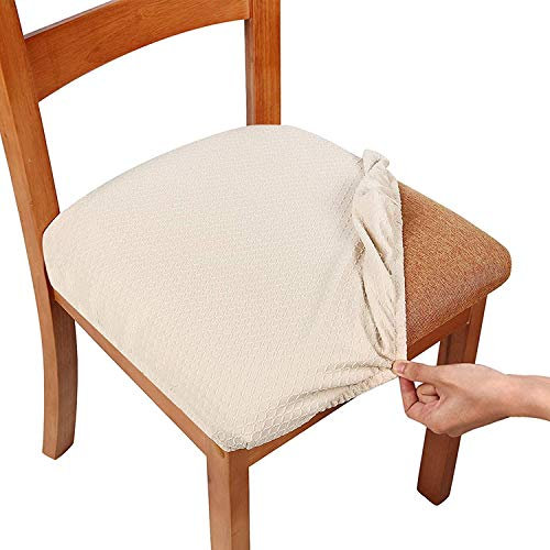 smiry Stretch Chair Seat Covers for Dining Room, Beige Set of 4 Jacquard Dining Chair Seat Cushion Protectors Chair Slipcovers
