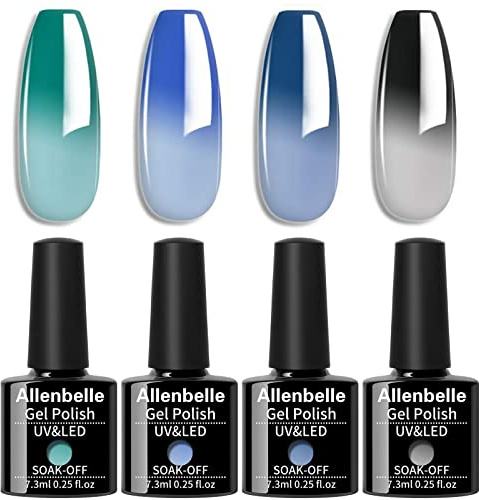 Allenbelle Colour Changing Gel Nail Polish Set Blue Green Blue Dark Blue Milk Dark To Black Colour Changing Gel Polish Set Mood Chameleon Soak Off UV LED Thermal Temperature Art Manicure Kit 018