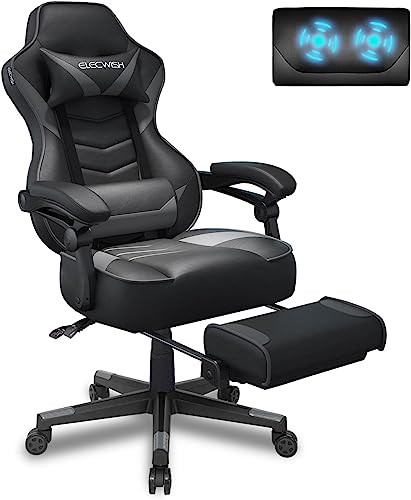 YU YUSING Gaming Stuhl Bürostuhl Massage, Racing Gamer Stuhl, Drehsessel Hochenverstellbar mit Fußstütze,Abnehmbare Kopfstütze, 90-150° Rückenlehne Verstellbar,Lendenkissen, Ergonomischer (Grau)