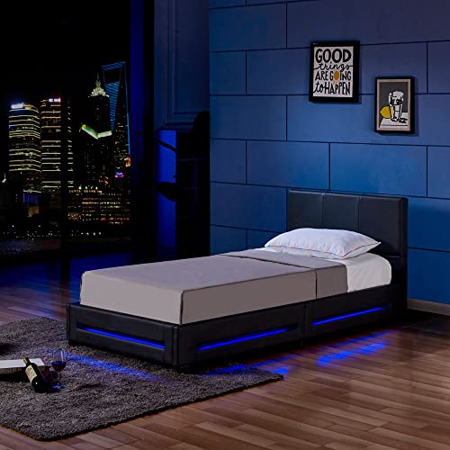 Home Deluxe - LED Bett Asteroid - Schwarz, 90 x 200 cm - Inkl. Matratze und Lattenrost I Polsterbett Design Bett inkl. Beleuchtung