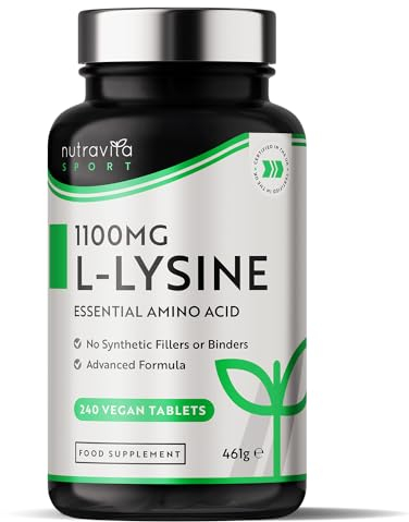 L-Lysine 1100mg High Strength - 240 Vegan & Gluten Free Tablets (8 Month Supply) - Cold Sore Treatment, Essential Amino Acid Supplement - Normal Growth and Muscle Turnover - Made in The UK - Nutravita