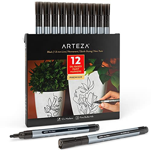 ARTEZA Oil Based Paint Markers, 12-Pack Black, 1.3 mm Permanent Pens, Waterproof Craft and Art Supplies for Stone, Wood, Glass, Metal, Canvas, Paper