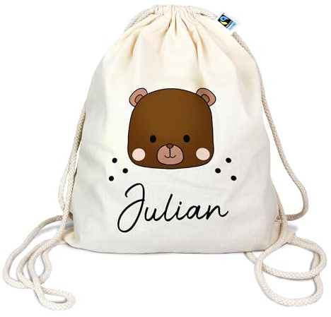 Manilu Bio Turnbeutel mit Namen personalisiert & Bedruckt | Motiv Bär | Stoffbeutel Schuhbeutel Sportbeutel Wäschebeutel Rucksack für Kinder Jungen & Mädchen | inkl. NAMENSDRUCK