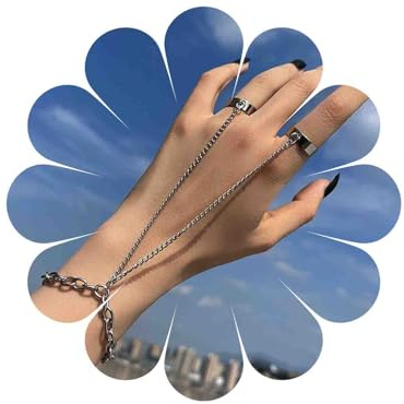 Yienate Silver punk armband fingerkedja 2 öppna ringar länk handledskedja slavarmband hiphop berlock handkedja armband smycken gåva för kvinnor och flickor