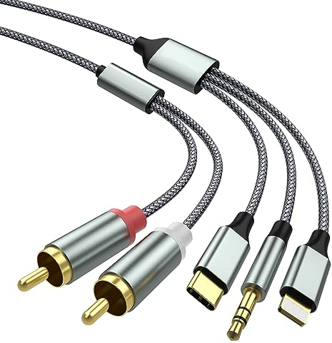 Cinch kabel iPhone, Typ C auf 2RCA Audio kabel, Cinch auf 3,5 Klinke, Lightning auf Cinchkabel (3 in 1 Audiokabel) für TV, Handy, MP3 Player, Lautsprecher, Heimkino, Kompatibel mit iPhone Lightning