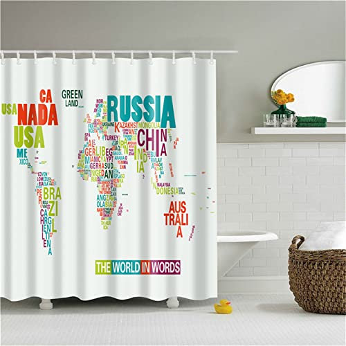 Duschvorhang für Eckdusche und Kleine Badewanne, Bad vorhang Textil aus Polyester Stoff Schimmelresistent Wasserabweisend und Waschbar, Weltkarte， 300x180cm mit Duschvorhangringen Shower Curtains