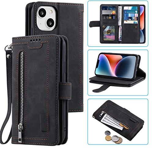 UEEBAI Wallet Case for iPhone 14 6.1 inch, Retro 9 Card Holder Slots Zipper Pocket Handbag Case PU Leather Magnetic Closure Kickstand with Wrist Strap TPU Shockproof Flip Case - Black