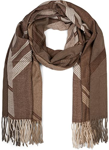 styleBREAKER Sciarpa da donna con motivo geometrico e frange, calda stola invernale multicolore 01017150, colore:Marrone-Beige