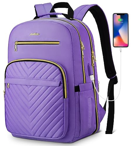 YAMTION Rucksack Damen,Schulrucksack Mädchen Teenager Schultasche Frauen 17.3 Zoll Laptop Rucksack mit USB und Laptopfach für Arbeit Büro Studium Schule Stadt Uni,Hellviolett