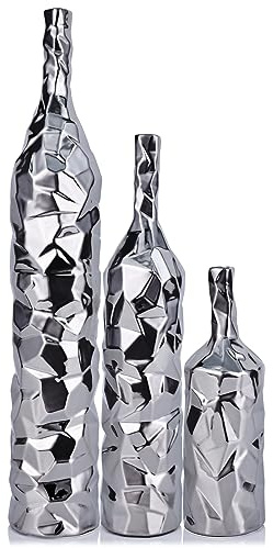 19.6 Tall Ceramics Floor Vase Set of 3 - Large Silver Decor & Entrance Table Centerpieces, Modern Tall Skinny Vase for Pampas Grass Boho Single Flower Decorative