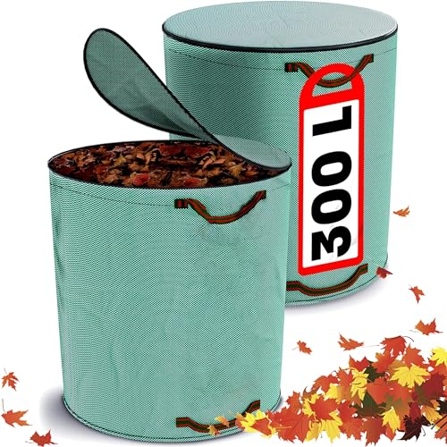 XFLYP 2Pcs Gartenabfallsack, Gartensack mit Deckel Verschließbar, Selbststehender & Faltbarer Laubsack mit 4 Stabilen Griffen mit Extra Verstärktem Boden Wasserabweisend & Faltbar(300L)