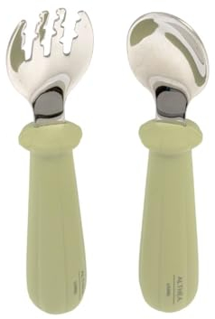 Althea Living - Couverts Enfants Ergonomiques | Anti-Étouffement avec Extensions Latérales | Acier Inoxydable, Silicone Alimentaire Sans BPA | Facile à Tenir dès 10 Mois, Vert Olive, Acier Inoxydable