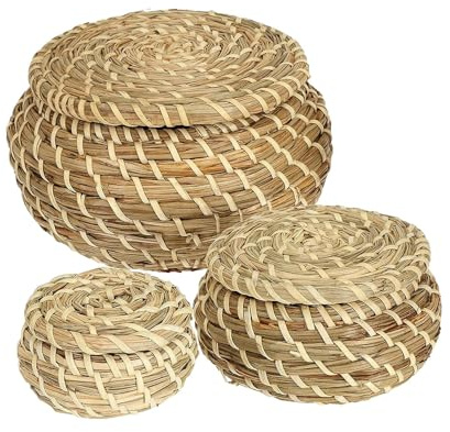 Generic Panier de Rangement en Osier avec Couvercle, Boîte Ronde en Jonc de Mer, Panier Rotin Petite Panier de Collations Aux Fruits Organisateur pour étagère, Maison, Cuisine