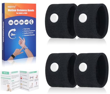 MEIYYJ Travel Sickness Bands for Adults and Kid Anti Nausea Wristbands for Motion & Morning Sickness Relief Bands for Pregnant Wowen Acupressure Nausea Relief for Car, Sea, Air Sickness(2Pairs Black)
