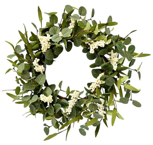Door Wreath, Eucalyptus Wreath with White Berries Artificial Spring Wreath Decorative Wreath Realistic Hanging Spring Wreaths for Front Door Wall Wedding Window
