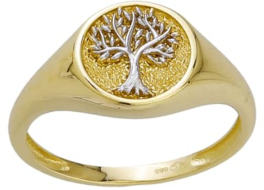 JC Schmuck Echt 585 Gold Siegelring Ring Schmuckring mit Lebensbaum Design in Bicolor Größe wählbar Schmuck für Frauen Unisex | Made in Germany I 8703