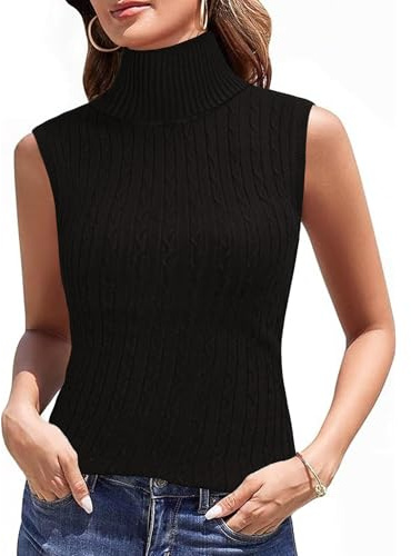 Totatuit Pull Femme sans manches Tricoté Hauts d'hiver Pullover col roulé Chandail Décontracté Uni débardeurs Élégantes avec ondulations chics Noir，S