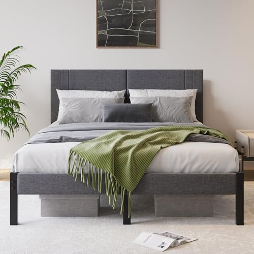DUMEE Marco de cama tamaño King con almacenamiento, base de cama de plataforma de metal con cabecero tapizado, base de colchón, soporte de listones de metal fuerte, no necesita somier, fácil montaje