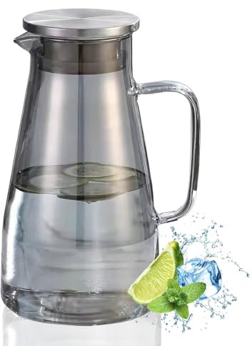 AstraLoom Pichet en verre de 1800 ml avec poignée et couvercle en acier inoxydable, pichet d'eau chaud/froid à double usage, passe au lave-vaisselle, convient pour jus/lait/café/thé (gris)
