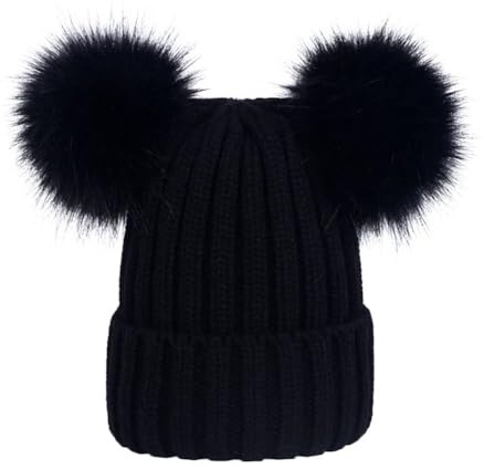 ZCXCsfp Grob weiche Zopfstrickmütze für Damen, Beanie-Mütze mit gemütlichem Fleecefutter und 2 abnehmbaren Kunstfell-Bommeln, warme Wintermütze, gehäkelte Bommelmützen, Schwarz , One size