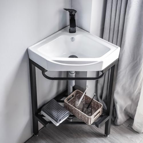 Eckwaschbecken aus Keramik für Badezimmer, Waschtischkonsole, Waschwannenstation, Freistehendes Handwaschbecken, rechteckiges Porzellanwaschbecken mit Metallbeinen, Standwaschbecken, Ablageregal(38CM/