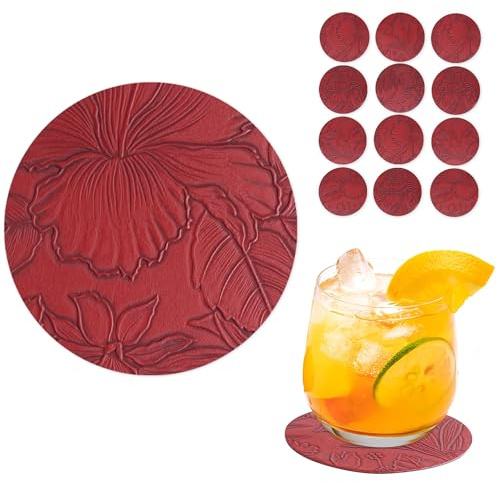 Czzmy Untersetzer Gläser 12er Set,Doppelseitigen Untersetzer aus Kunstlede Leder,Glasuntersetzer,Glas untersetzer Set,Tischuntersetzer Lederoptik Untersetzer(12-Dunkelrot)