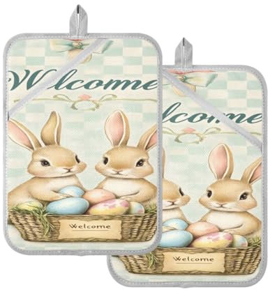 JUMBEAR Set di presine pasquali e portauova con tasca, per cucina, resistenti al calore, presina, guanti da forno e sottopentola per cuocere al forno, 17,8 x 22,9 cm