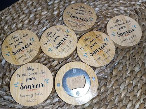 PERSONALIZZATE | Pack de 20 Abridores de Bambú Magnéticos con Mensaje a Elegir | Abrebotellas con Mensaje | Regalos para Detalles Bodas, Comuniones, Bautizos | Detalles y Regalos Personalizados