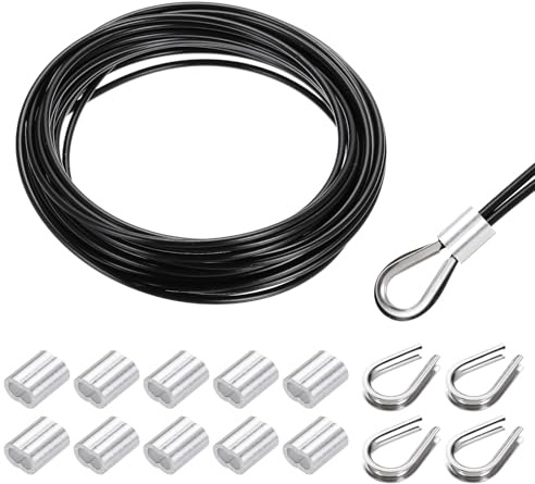 sourcing map 33FT Stainless Steel Cable Railing Kit, 1/8 Vinyl Coated 7x7 Strand Wire Rope with Loop Sleeves and Thimbles for Outdoor Deck Fence Wire & String Light,Picture Hanging,Black