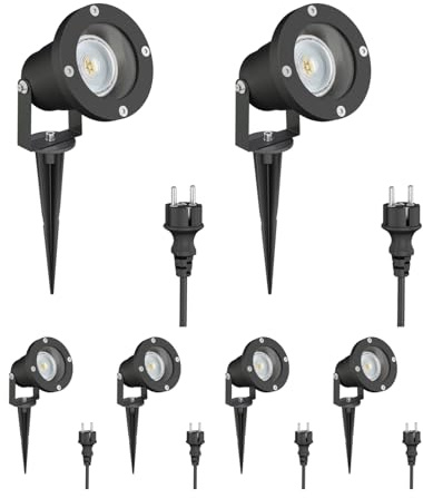ledscom.de 6 st LED-trädgårdsstrålkastare DUK, svarta, med jordspett för utomhusbruk, aluminium, inkl. LED-lampa GU10 (varmvitt, 5,4 W, 510 lm, 45°)