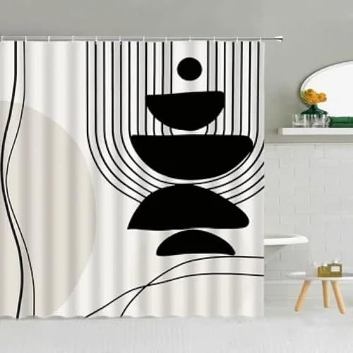 Cortina de ducha con patrón beige en blanco y negro, tela impermeable, divisor para bañera, cortina de ducha de 125 x 230 cm (ancho x largo), 230 cm de largo