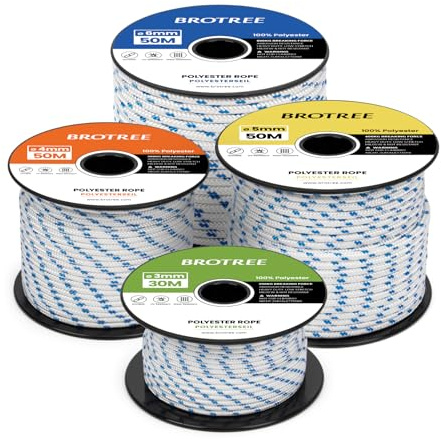 Brotree Cuerda Poliéster 3mm x 20m Cordón Trenzado en Rollo - 200KG MAX | Blanco/Azul, Cuerda Blanca, 100% Poliéster, Multiusos para Exterior, Amarre, Nautica, Driza