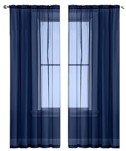 2 Stück Vorhänge Gardine Wohnzimmer Gardine Halbtransparent Vorhang Voile Einfarbig Stangendurchzug Wohnzimmer Luftig Dekoschal für Schlafzimmer Deko Schiebevorhänge,132x160cm(BxL),Dunkelblau‌