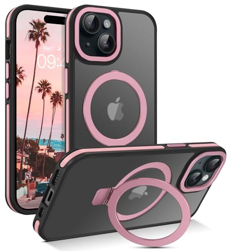 DOMAVER Coque Magnétique Four iPhone 15 6.1 avec Support Invisible - Compatible avec MagSafe, Housse Translucide Mat Ultra-Mince et Antidérapant pour iPhone 15 Etui avec Béquille 120° Réglable, Rose