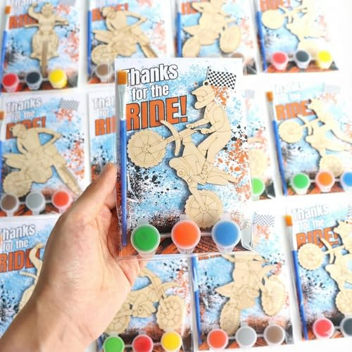 12 Pack Dirt Bike Party Favors for Kids – Individually Wrapped Paint-Your-Own Motorcycle Wooden Hanging Craft Kit, Perfect for Race-Themed Parties & Classroom Activities