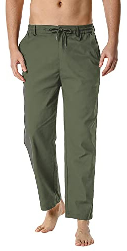 Pantalon de détente en lin pour homme - Poches à taille élastique - Pantalon léger - Pantalon de yoga ample et décontracté - Pantalon de course à pied doux et confortable - Bas de pyjama uni, Vert