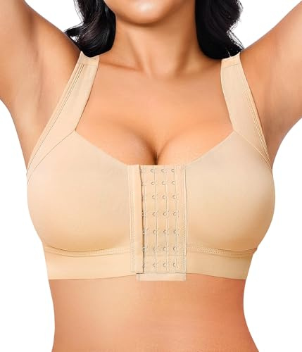 Nebility Post Surgery Front Closure Sports Bra for Women Compression Bras with Breast Support Wirefree (Beige,3XL)