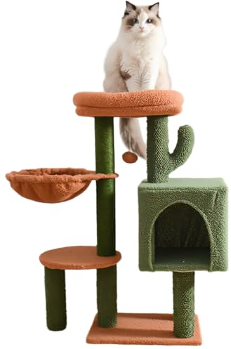 Rascador para Gatos Cactus, Castillo Gato Multinivel con Poste Rascador, Hamaca Acogedora, Cama Superior Extraíble y Pelota Colgante