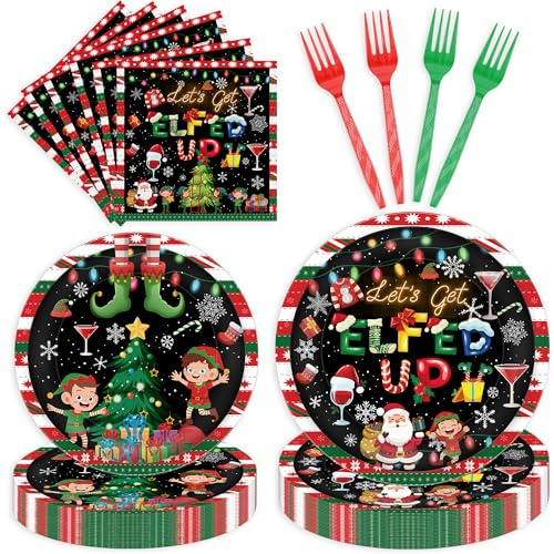 96 Pcs Lets Get Elfed Up Christmas Party Decorations, Festive Elf Santa Plates Napkins Forks for 24 Guests, Funny Holiday Tableware Set Party Supplies