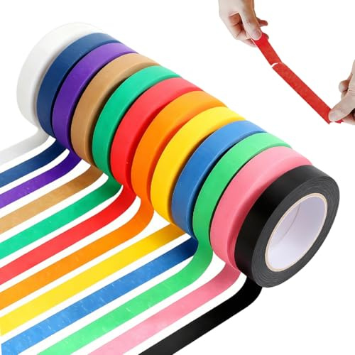 UIEXAY 12PCS Cinta de Carrocero, Cinta Carrocero, Cinta Adhesiva de Colores para Proteger las Superficies al Decorar, Adhesivo sin Disolventes, Removible sin Residuos