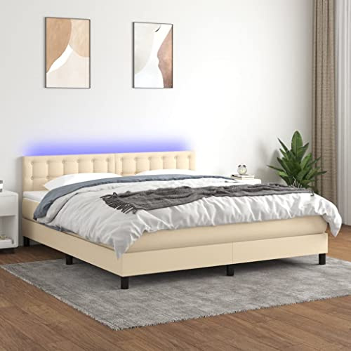 Tonture resårsäng med madrass och LED, gräddfärgat tyg, 160 x 200 cm, höjdjusterbar sänggavel, fickfjädermadrass, madrassstöd, för vilsam sömn