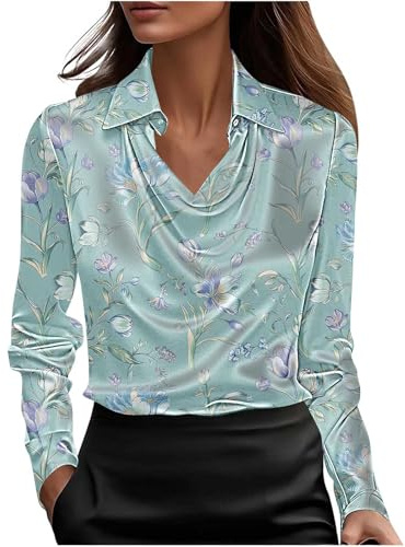 HAOLEI Satin Silk Tops for Women UK Elegant Going Out Satin Blouse Cowl Neck Long Sleeve Ladies Tshirts Pleated V Collar Shirts Casual Work Office Tunic Blouses